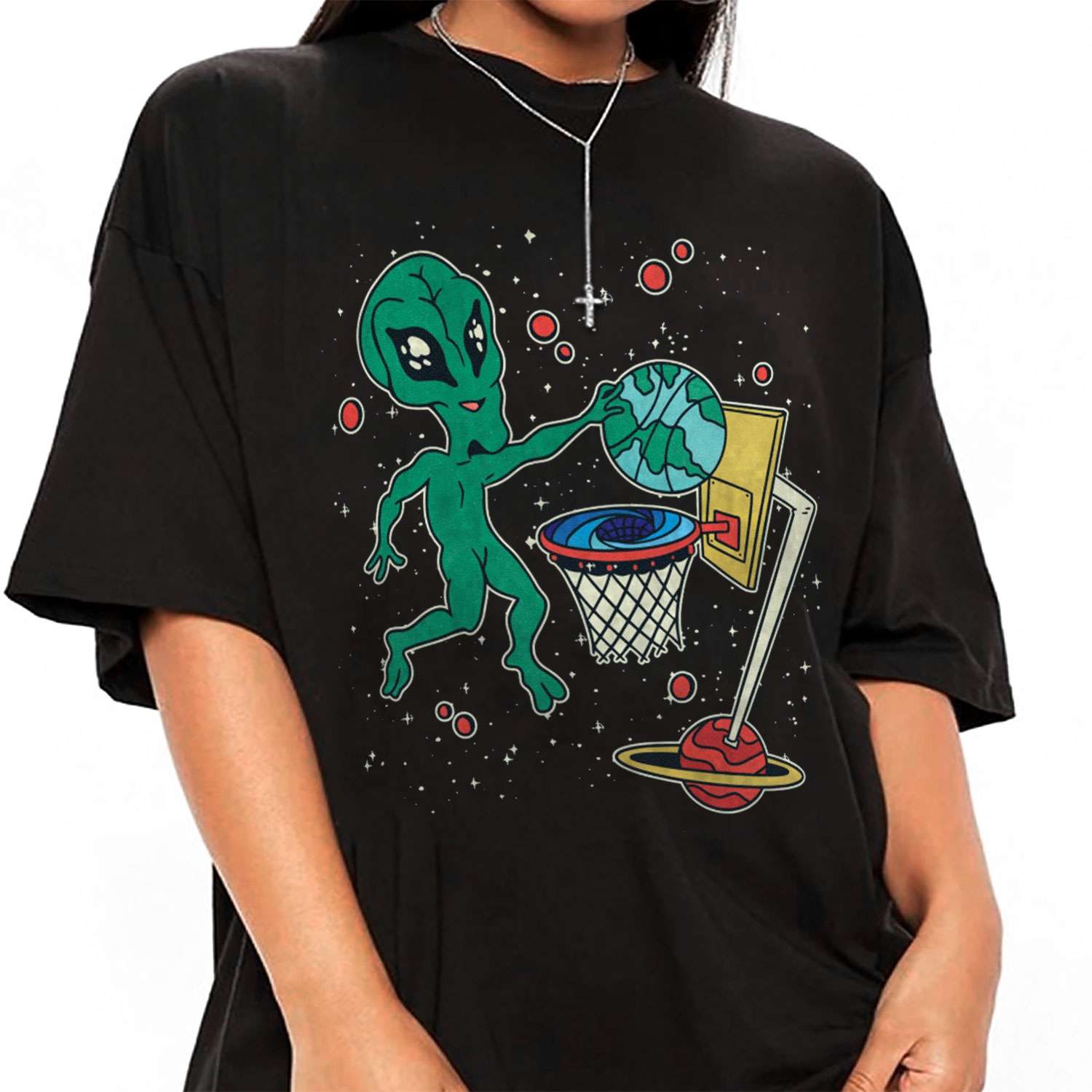 Alien Playing Space Basketball T-shirt