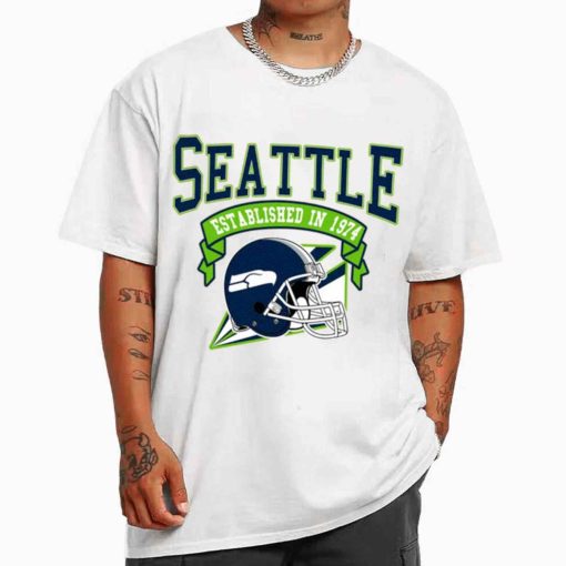 T Shirt MEN White TS0314 Seattle Established In 1974 Vintage Football Team Seattle Seahawks T Shirt