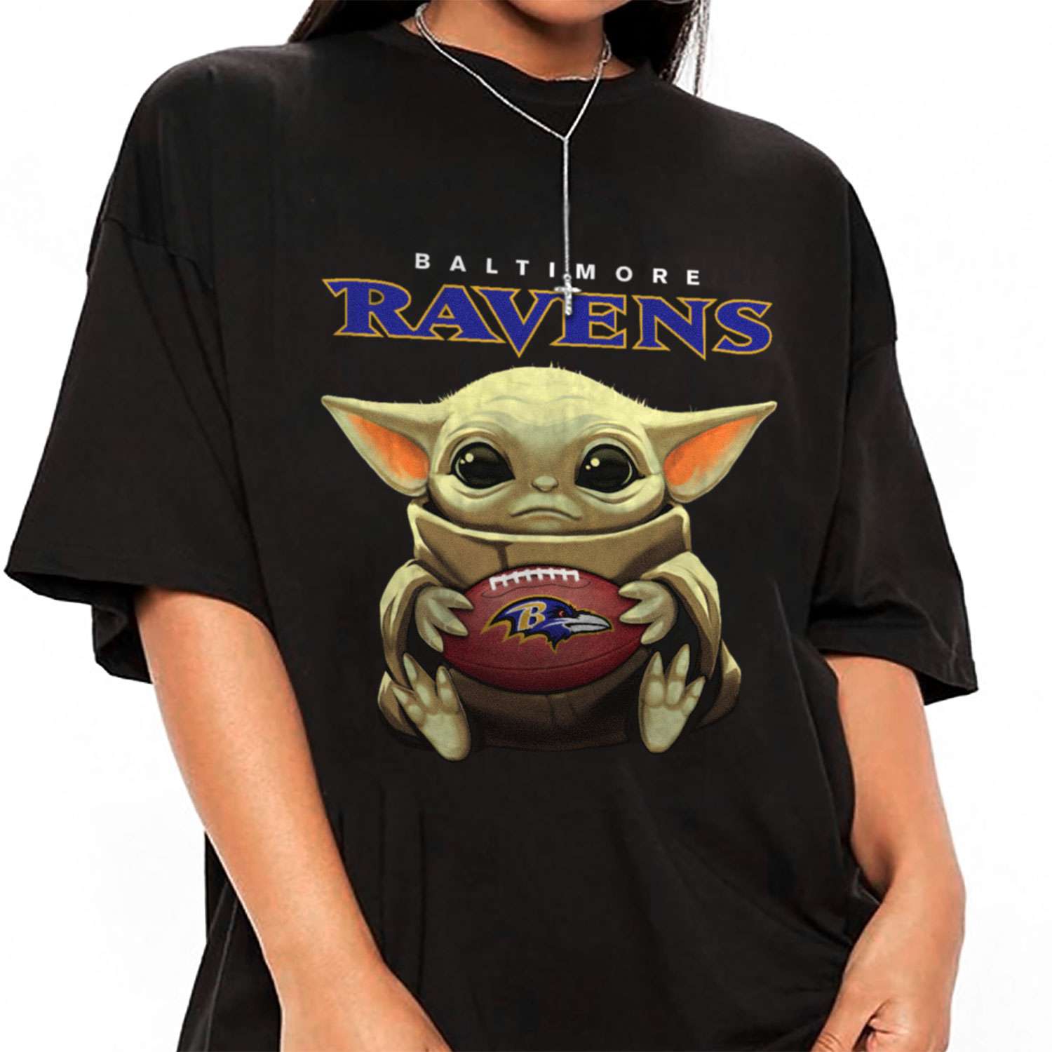 Baby Yoda Hold Duke Ball Baltimore Ravens T-Shirt