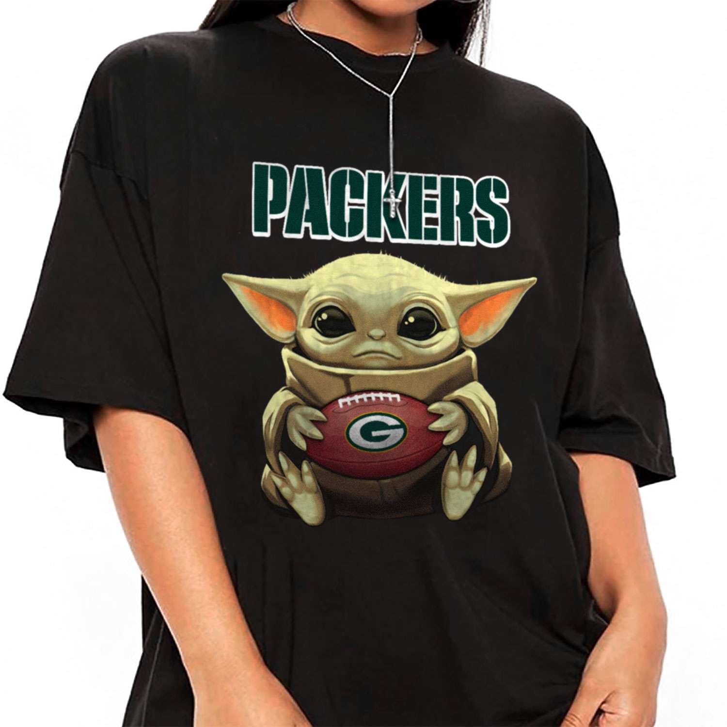 Baby Groot and Baby Yoda hug Green Bay Packers shirt