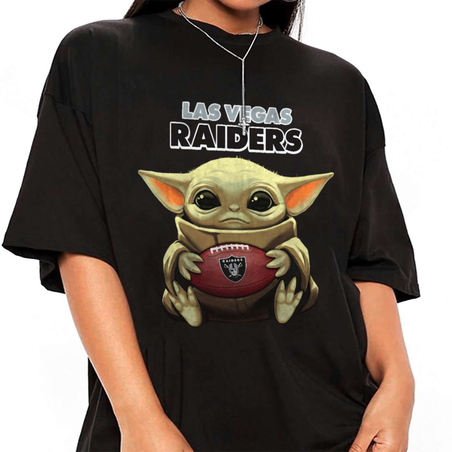 Baby Yoda Hold Duke Ball Las Vegas Raiders T-Shirt