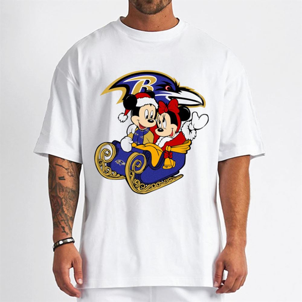 Mickey Minnie Santa Ride Sleigh Christmas Baltimore Ravens T-Shirt