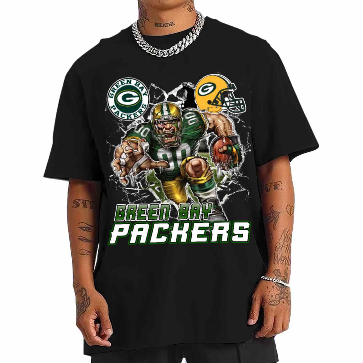 Mascot Breaking Through Wall Green Bay Packers T-Shirt