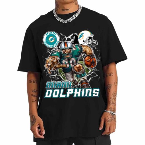 T Shirt Men DSMC0220 Mascot Breaking Through Wall Miami Dolphins T Shirt