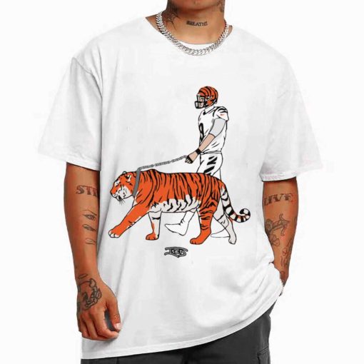 T Shirt Men White TSBN119 Cat Walk Joe Burrow Funny Art Cincinnati Bengals T Shirt 1