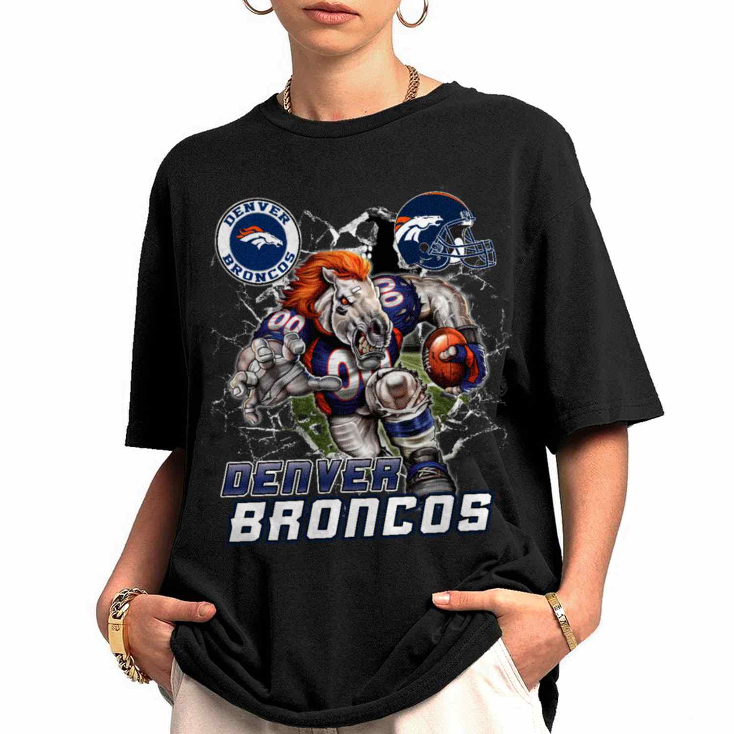 Mascot Breaking Through Wall Denver Broncos T-Shirt