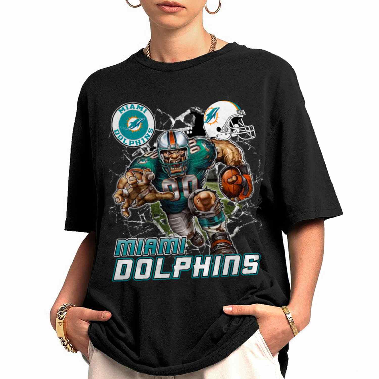Mascot Breaking Through Wall Miami Dolphins T-Shirt
