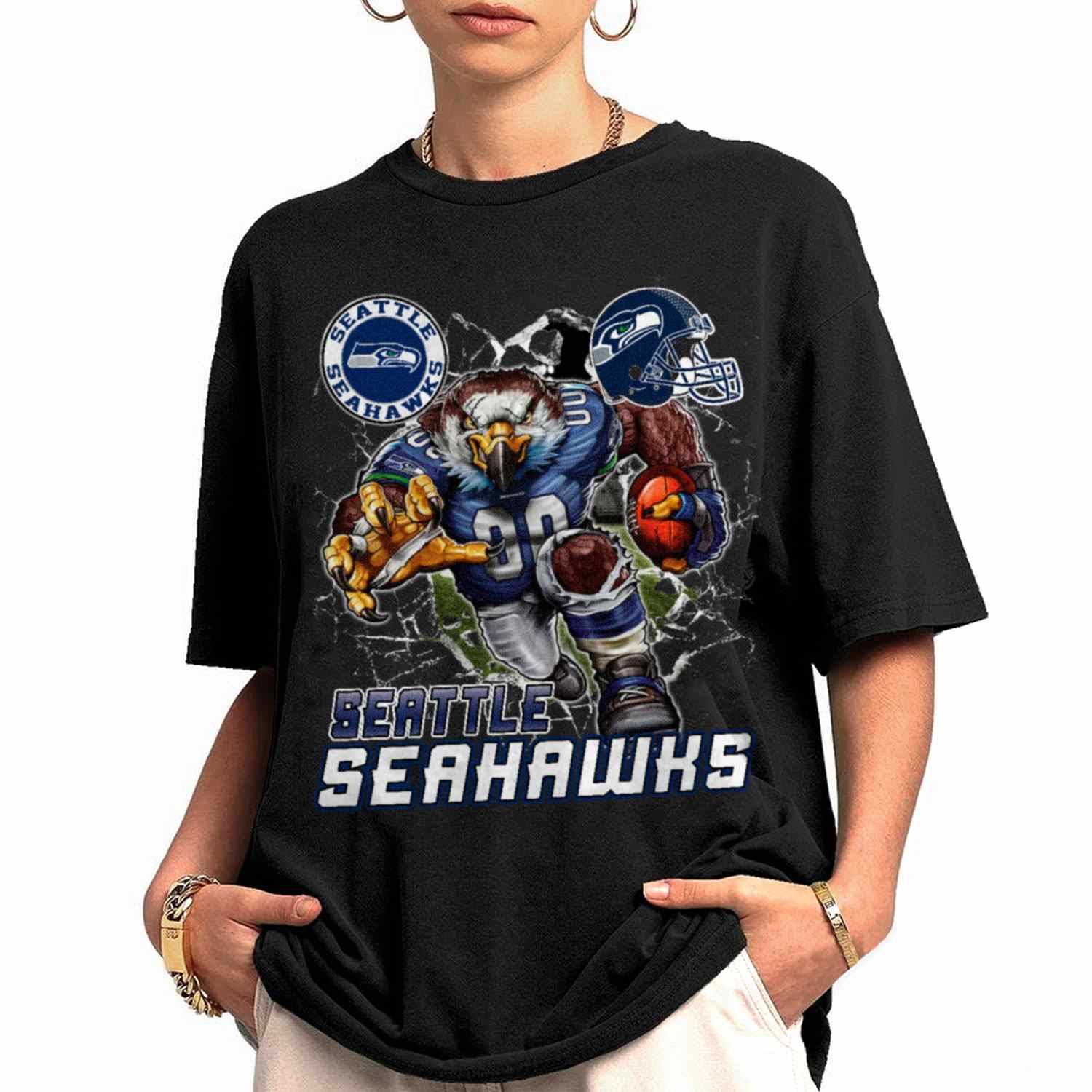 Mascot Breaking Through Wall Seattle Seahawks T-Shirt