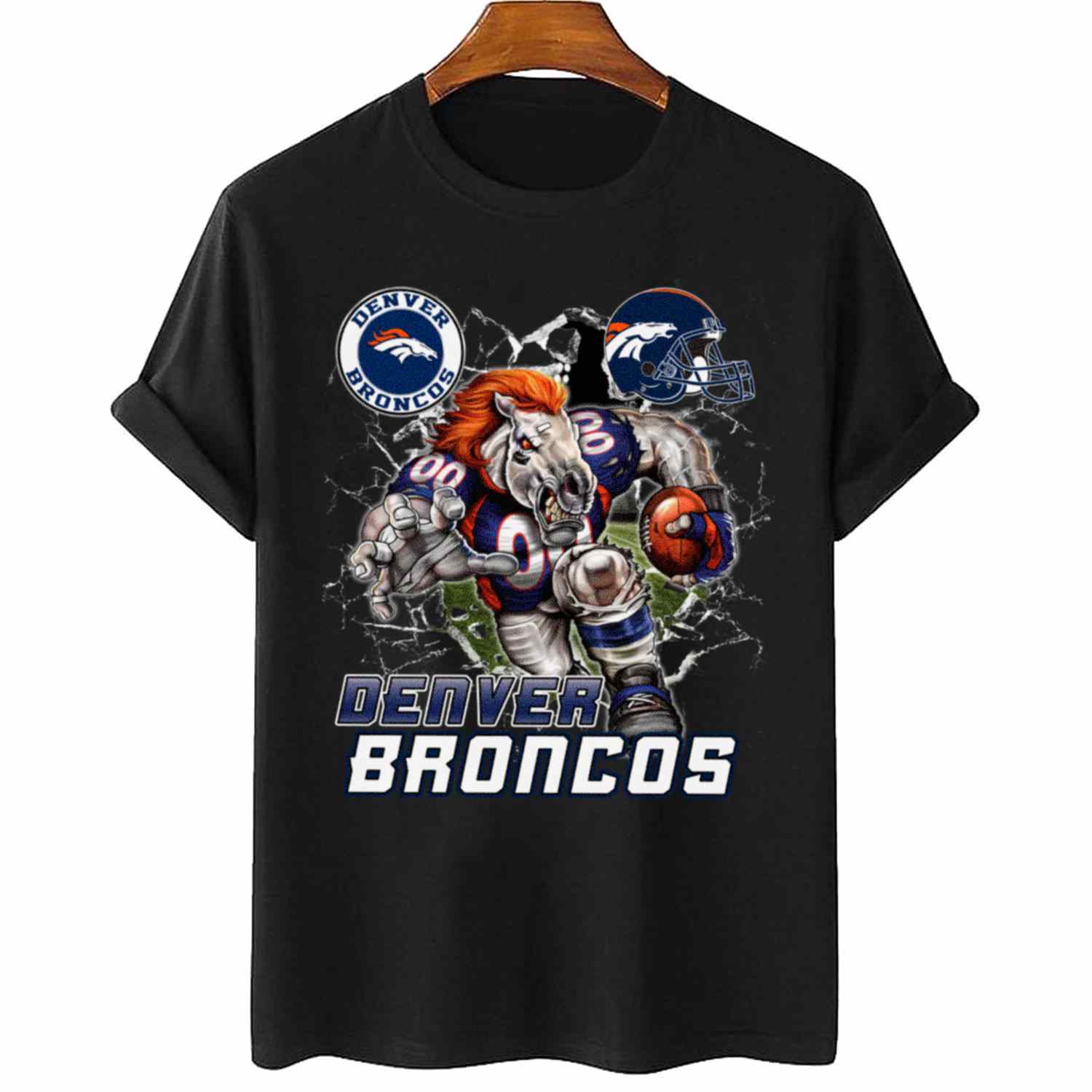 Mascot Breaking Through Wall Denver Broncos T-Shirt