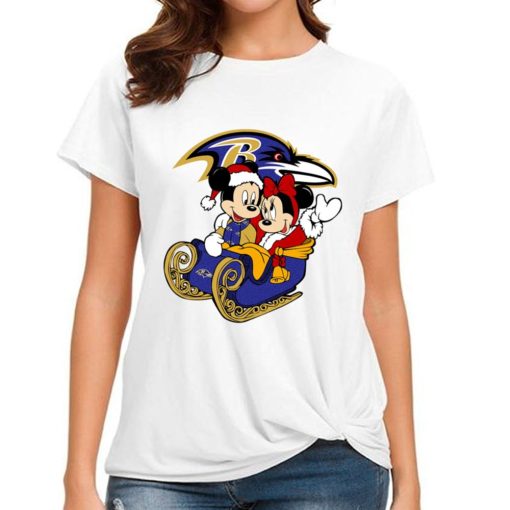 T Shirt Women DSBN046 Mickey Minnie Santa Ride Sleigh Christmas Baltimore Ravens T Shirt