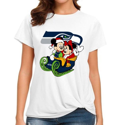 T Shirt Women DSBN460 Mickey Minnie Santa Ride Sleigh Christmas Seattle Seahawks T Shirt